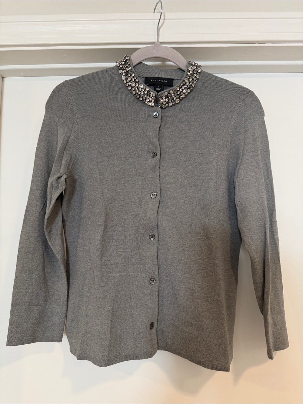 Ann Taylor Jeweled Collar Gray Cardigan